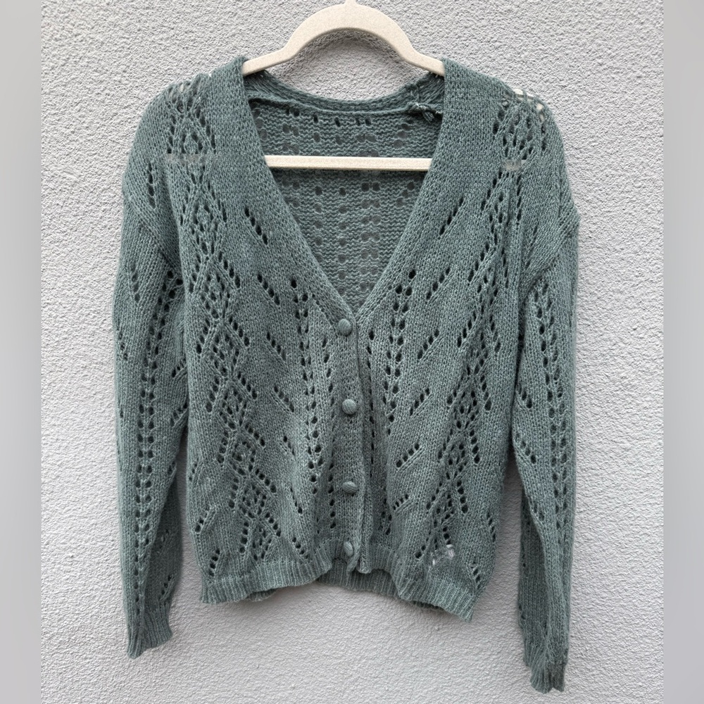 Openwork V-Neck Button Cardigan in Sage Green
